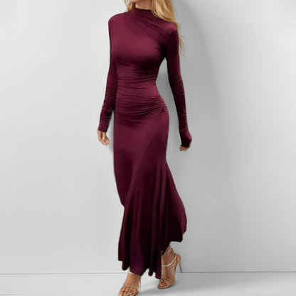 Spring 2026 new European and American clothing elegant solid color temperament pleated slim long sleeve dress hip hugging dress