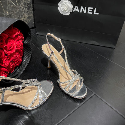 WO Huizhou City 2026 Autumn New Sandals Super Fairy Rhinestone Thin Heel European and American Fashion Open Toe Sexy Silver High Heels