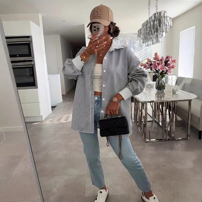 Cross-border European and American new fashionable casual plus-size women's clothing, long-sleeve striped lapel plus-size shirts