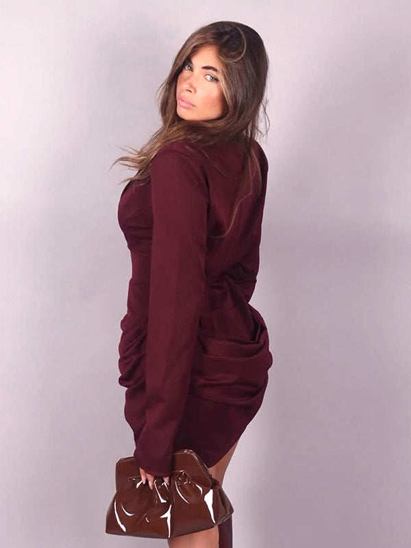 Cross-border European and American women's autumn and winter new temperament solid color deep V lapel pleated waist mini hip wrap dress for women