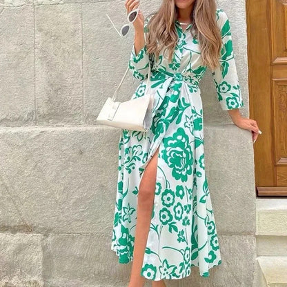 Ciaura Elegant Printed Lapel Cardigan Maxi Dress with Waist Tie & Side Slit