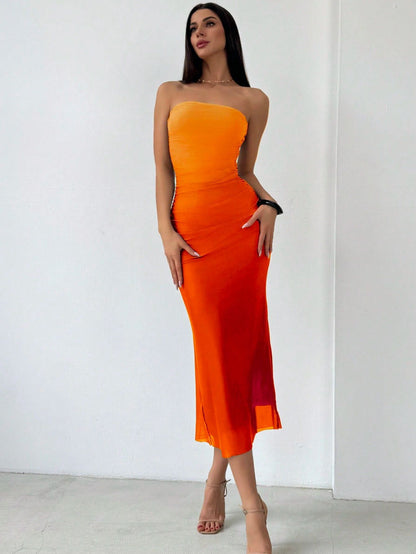 Spot cross-border 2024 European and American Amazon mesh gradient ruffles sexy skinny slit strap bandeau long skirt