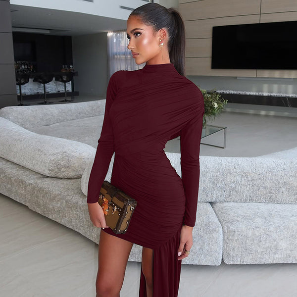 Cross-border European and American women's clothing 2025 autumn new fashion solid color crew neck pleated hip streamer long-sleeved dress for women
