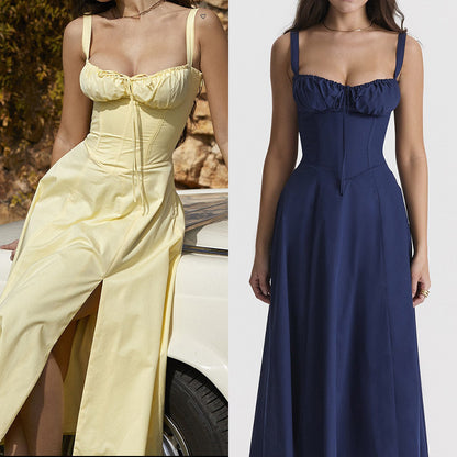 European and American clothing Amazon French style skirt temperament elegant floral slit fashion vacation slip dress