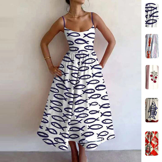 2026 spring new cross-border European and beautiful clothing temperament print waist swing slip dress long skirt