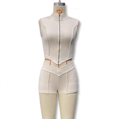 Cross-border spring and summer new European and American women's solid color lapel zipper slim crop top high waist tight shorts set