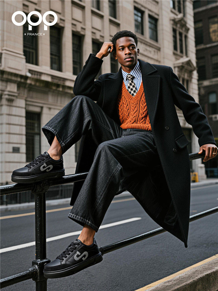 OPP men's shoes spring thick sole comfortable classic leather popular versatile athleisure low-top black board shoes for men