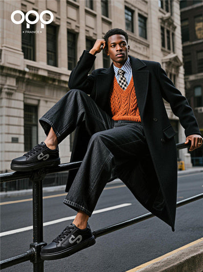 OPP men's shoes spring thick sole comfortable classic leather popular versatile athleisure low-top black board shoes for men