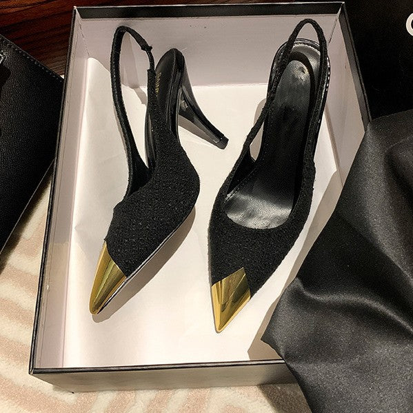 2026 High Heels Women's Stiletto Rose Metal Pointed Toe Park Chaeyoung Sandals Singles Shoes Spring Black Metal Buckle Straps