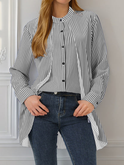 2025 cross-border Amazon European and American clothing striped fake two crew neck long sleeve shirt casual shirt comfortable