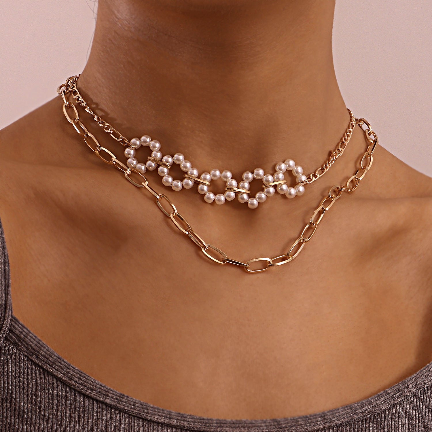 European and American cross-border jewelry, double-layer paper clip, slub chain, pearl flower necklace, women's ins-style anchor necklace