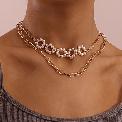 European and American cross-border jewelry, double-layer paper clip, slub chain, pearl flower necklace, women's ins-style anchor necklace