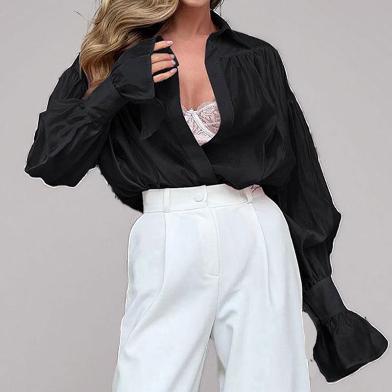 2026 Spring New Cross-border European and American Clothing Elegant Temperament Loose Lapel Lantern Sleeve Shirt Women's Top