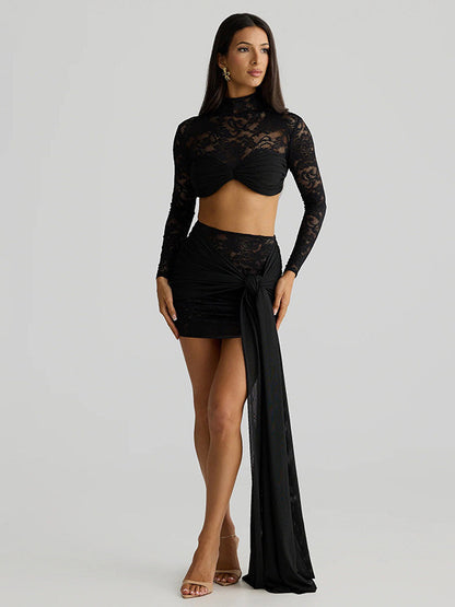 Conjunto feminino sexy de blusa de manga comprida com recortes em renda transparente e saia justa que realça as curvas, ideal para o outono e inverno europeu e americano.