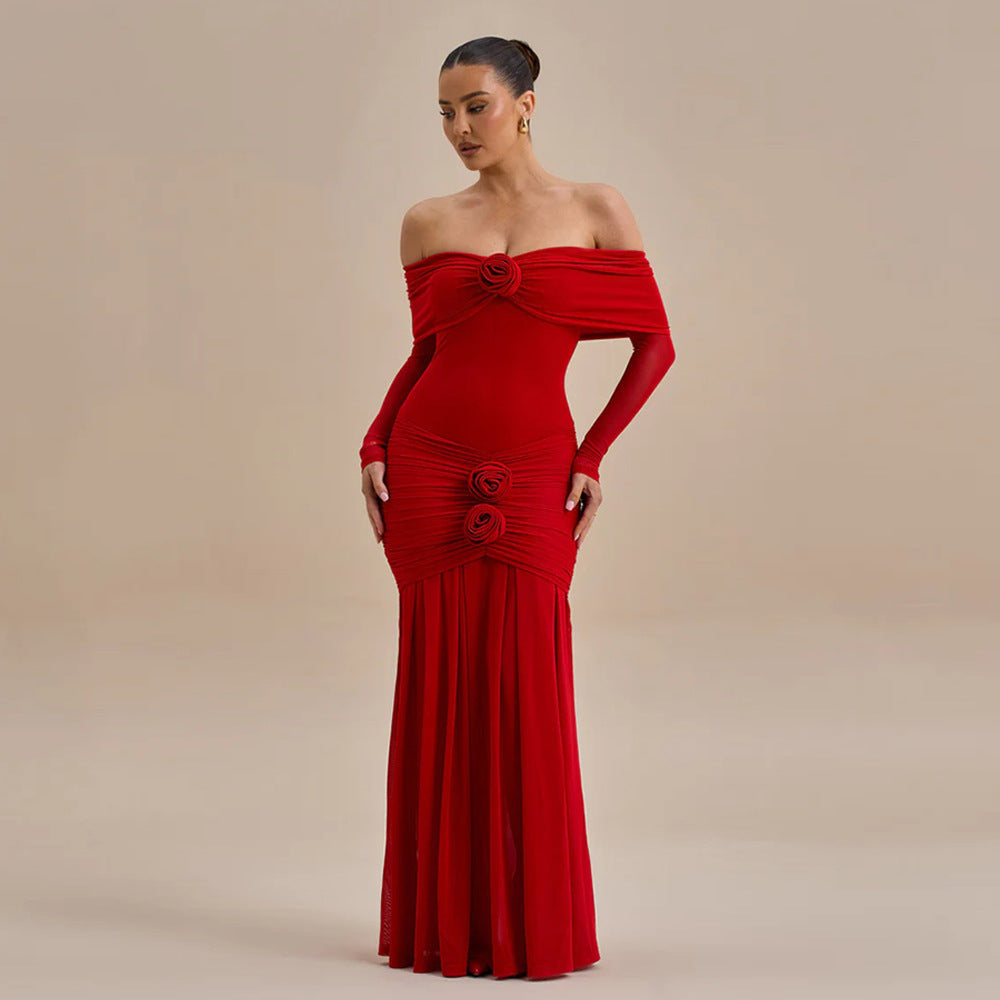 Cross-border European and American women's autumn fashion flower decoration sexy one-shoulder pleats slim hip wrap dress