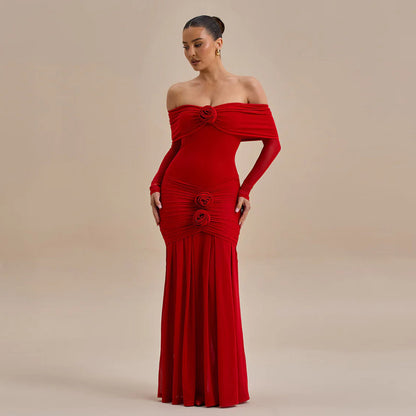 Cross-border European and American women's autumn fashion flower decoration sexy one-shoulder pleats slim hip wrap dress