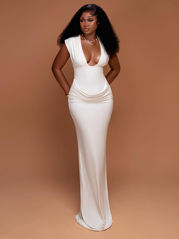 Foreign trade new women's clothing European and American style sexy deep V-neck sleeveless slim pleats waist hot girl hip wrap dress for women