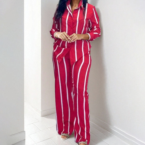 Cross-border 2026 new Amazon European and American style women's striped long-sleeved shirt trousers fashion suit women's two-piece set