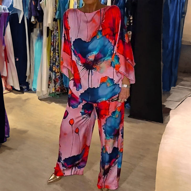 Independent station spring new European and American clothing temperament elegant printed bat sleeve wide-leg trousers fashion suit 661