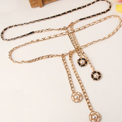Women's waist chain, high-quality metal, wear leather, women's personality, trend, flower pendant, simple punk waist chain