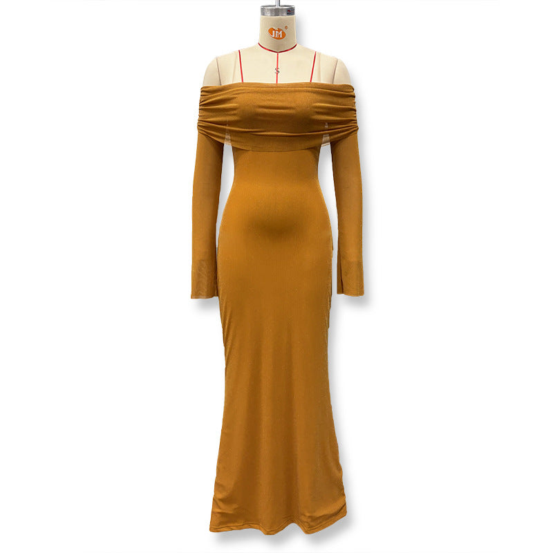 Foreign trade autumn and winter new European and beautiful women's clothing sexy one-shoulder mesh gauze sprinkled silver waist and hip wrap dress dress for women