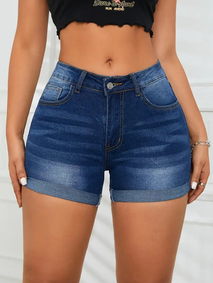 Women's jeans multi-process hemming design dark blue shorts stretch simple and versatile slim shorts