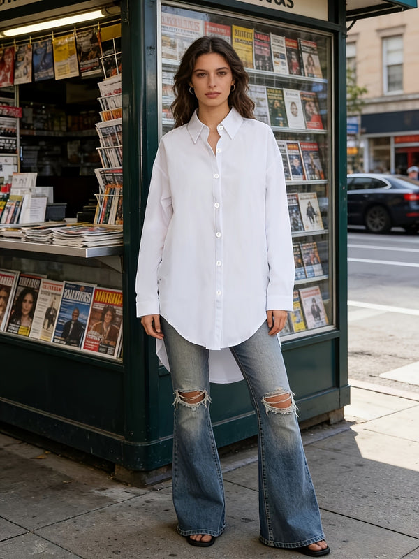 Cross-border European and American asymmetrical hem solid-color shirt for women, loose, slimming, drapey casual long-sleeve shirt for women