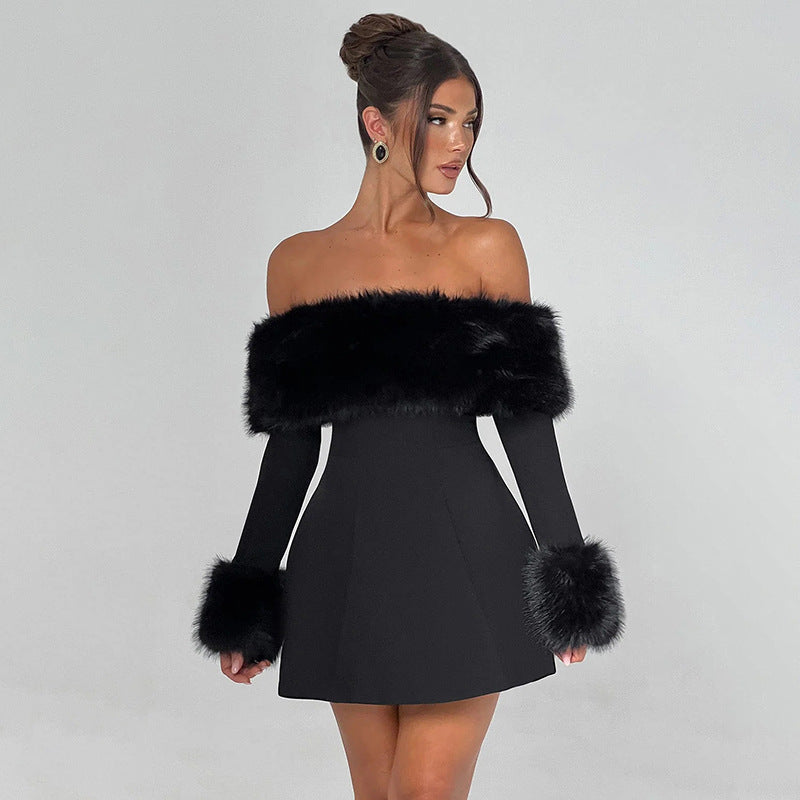 Cross-border autumn and winter new European and beautiful women's clothing, high-end fur collar, sexy one-line shoulder long sleeves, slim and slim A-line skirt women