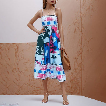 2026 Spring New Dresses European and American Sleeveless Collarless High Waist Printed Women's Large Swing Slip Dress
