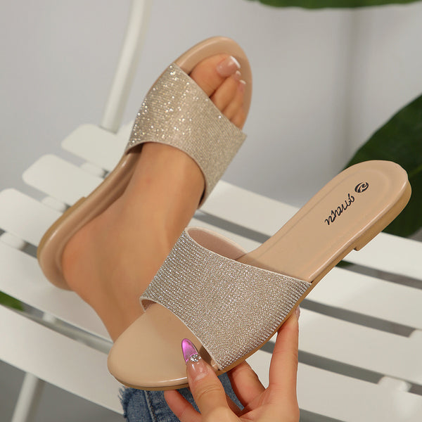 Cross-border women's shoes one-line sequin fashion slippers classic temperament versatility solid color metal decoration round toe flat sole for comfort