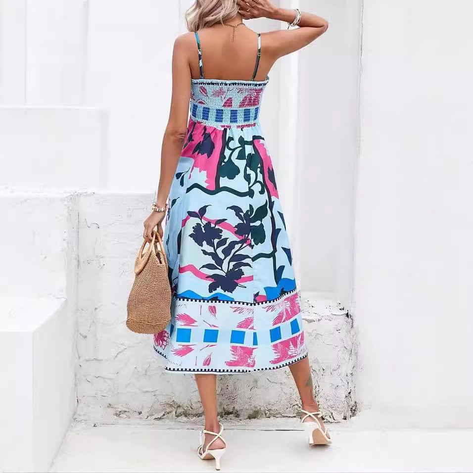 Europe and the United States 2023 Foreign Trade Cross-border Independent Station Summer Women's Clothing Sexy Positioning Printed Suspender Sleeveless Swing Dress