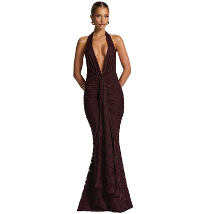 Foreign Trade Wholesale 2025 New Temperament Pleated Halterneck Dress Sexy Deep V-Neck Lace-up Hip Fishtail Long Skirt