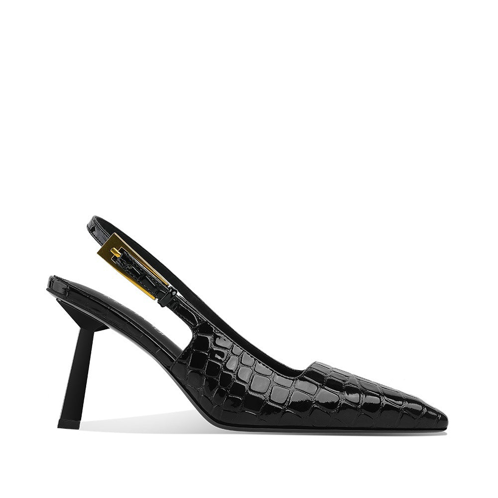 WO Huizhou City European and American Baotou back air sandals with buckles Yujie pointed toe thin heel patent leather slimming super high heel