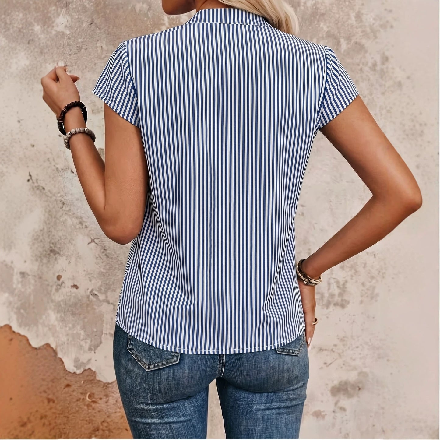 European and American summer new cross-border V-neck short-sleeve striped casual women's shirt, elegant and stylish for commuting, versatile