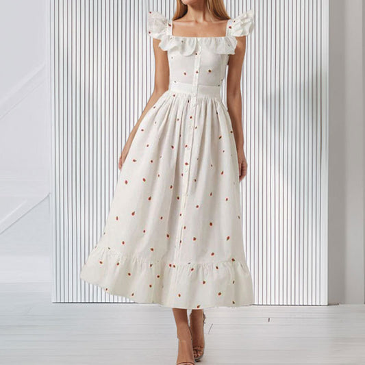 2026 spring new cross-border European and beautiful fashion French square neck flying flying sleeve floral cinched waist dress