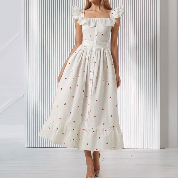 2026 spring new cross-border European and beautiful fashion French square neck flying flying sleeve floral cinched waist dress