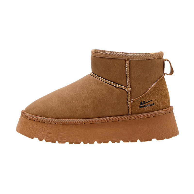 Loose platform cake shoes, leather surface warmth, pull-back snow boots, fleece winter new boots, minimalist style, solid color cotton shoes women