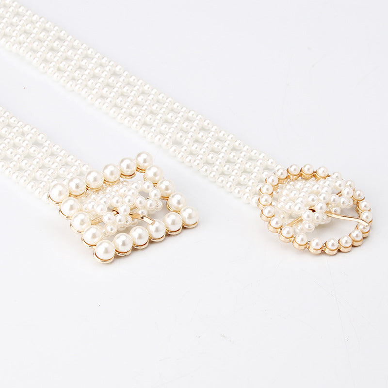 New product trend ladies belt sweet fashion imitation pearl woven waist chain elegant ladies dress decorative belt