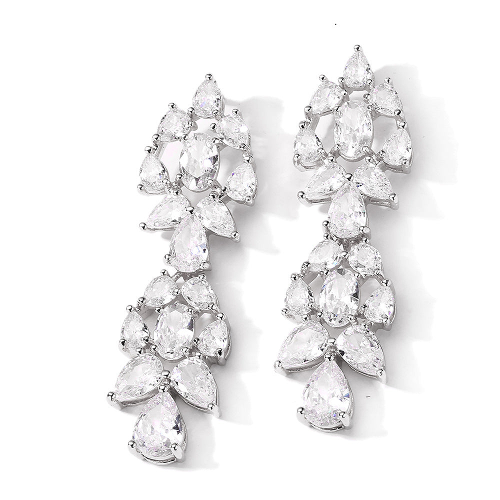 Foreign trade new waterdrop zircon stud earrings long tassel earrings, three-color full diamond earrings, niche design for women