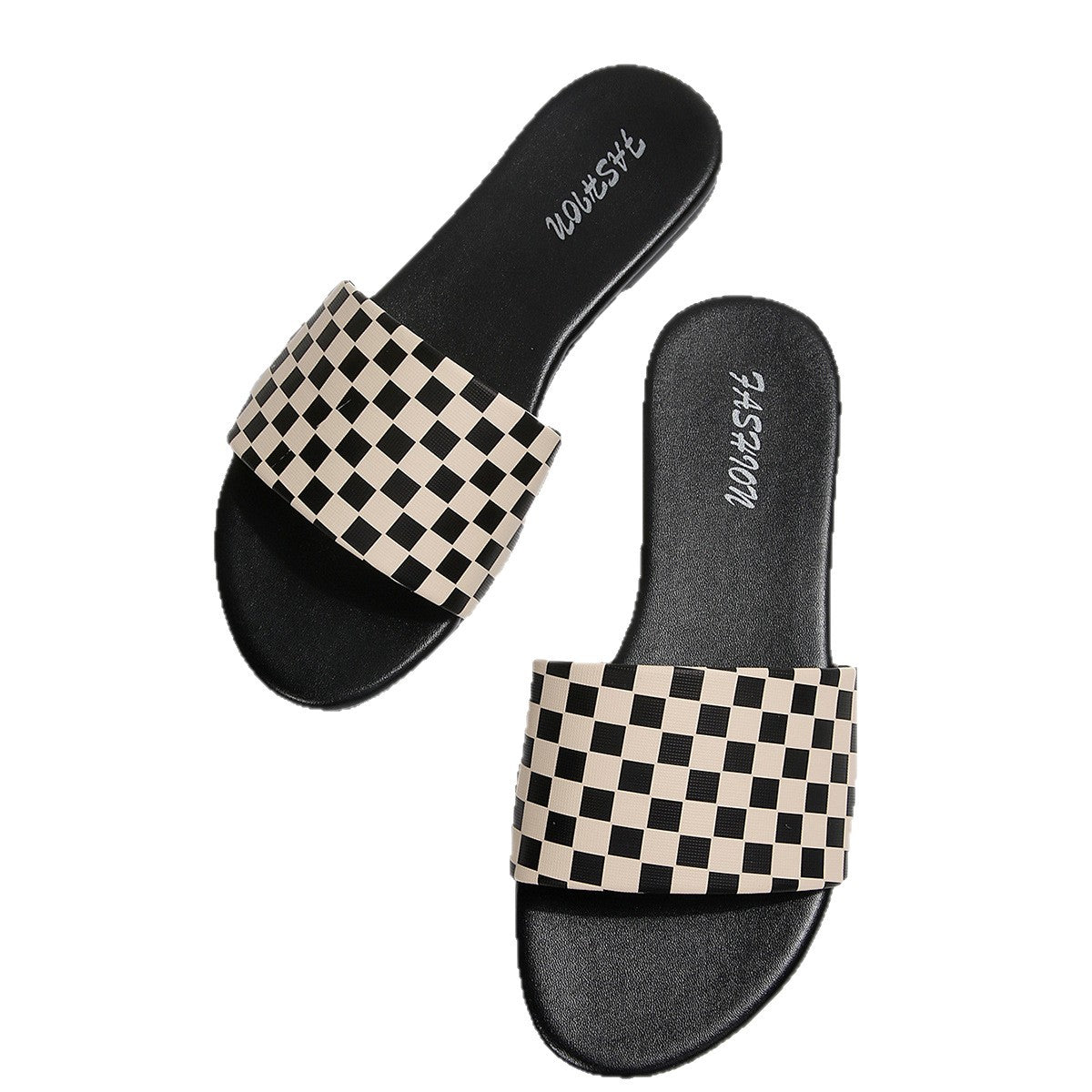 European and American cross-border women's shoes, export checkerboard print decorative fashion slippers, elegant versatile round-toe flat sandals