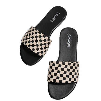 European and American cross-border women's shoes, export checkerboard print decorative fashion slippers, elegant versatile round-toe flat sandals