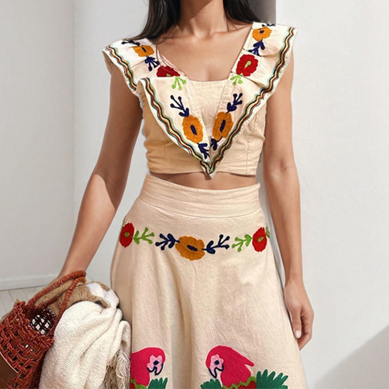 Amazon cross-border European and beautiful women's clothing 2026 spring new ins printed ruffled top skirt fashion set