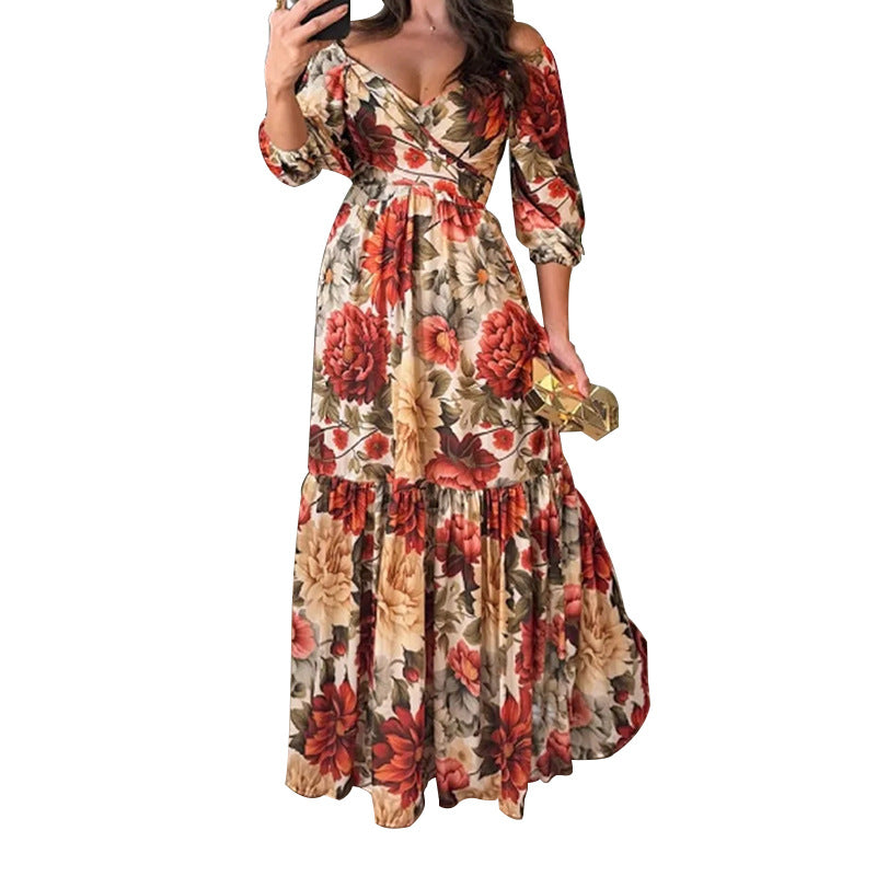 Amazon 2026 Novo Vestido Elegante e Moderno para Mulher com Estampado, Decote em V e Amarração nas Costas, Estilo Europeu, para Comércio Externo e Moda Temperamento