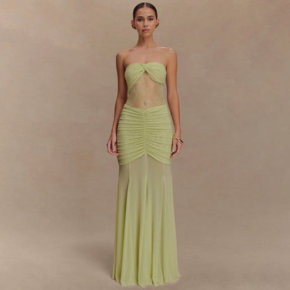 Cross-border 2025 new European and American clothing mesh spliced bandeau skirt temperament one-shoulder pleated see-through dress