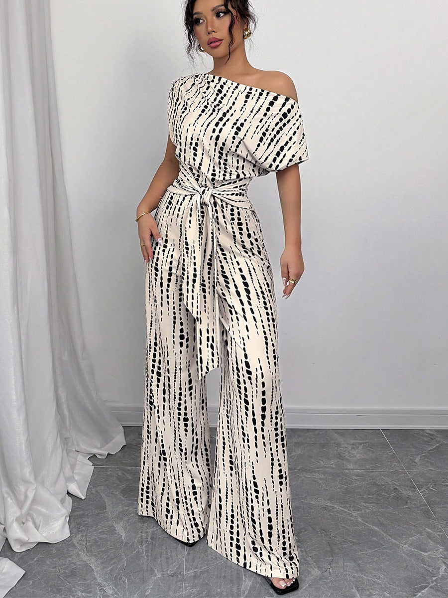 EuroChic 2025 Striped One-Shoulder Asymmetrical Jumpsuit for Women, Chic Slant Shoulder Wide-Leg Romper Pants Outfit