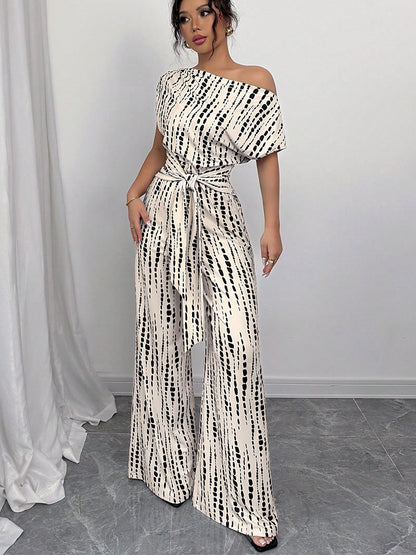 EuroChic 2025 Striped One-Shoulder Asymmetrical Jumpsuit for Women, Chic Slant Shoulder Wide-Leg Romper Pants Outfit
