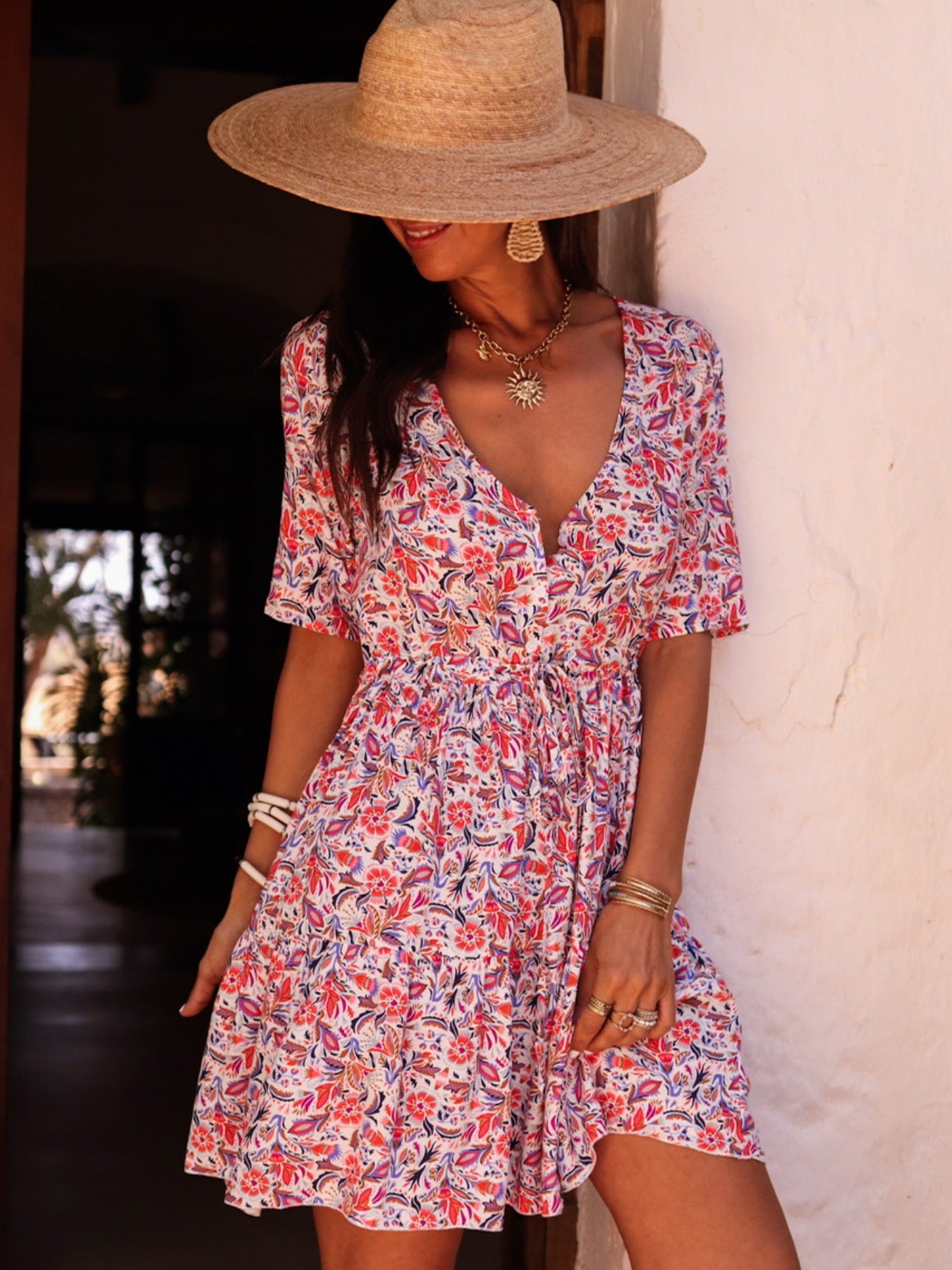 European and American spring/summer small floral elegant casual vacation versatile mid-sleeve V-neck dress with drawstrings