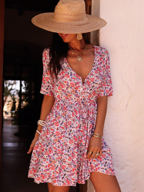 European and American spring/summer small floral elegant casual vacation versatile mid-sleeve V-neck dress with drawstrings