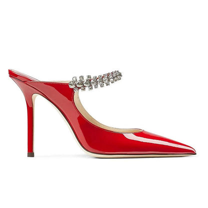 New cross-border European and American one-line strap ultra-high heel sandals, black pointed toe rhinestone heels, pump heels