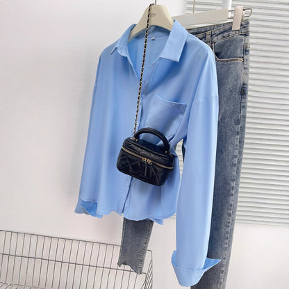 New foreign trade cross-border European and American all-season versatile elegant loose long-sleeve turn-down collar shirt with back button slit